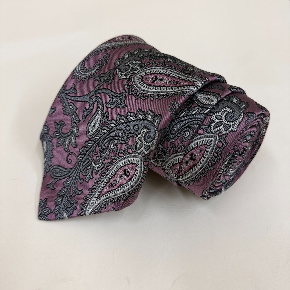 Robert Talbott Mauve Purple Gray Paisley 100% Silk Tie Men's Burgundy Tipped Cla